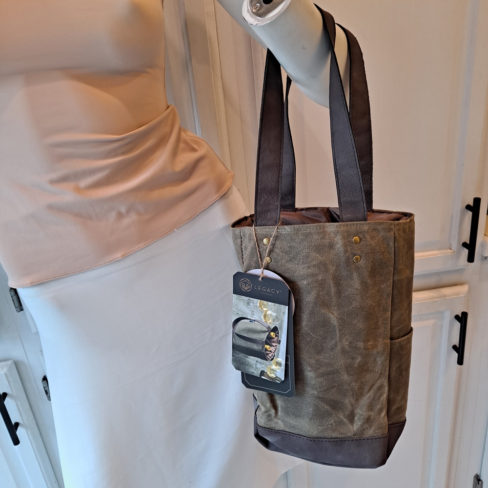Legacy Brown Waxed Canvas and Leather Double Wine Cooler Tote Bag - Picture 2 of 8